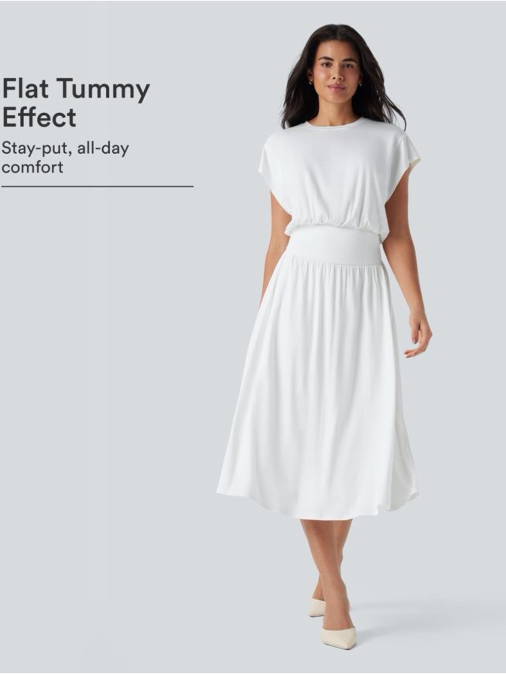Tummy Control Batwing Sleeve Flowy Midi Work Dress with Pockets XS NWOT White